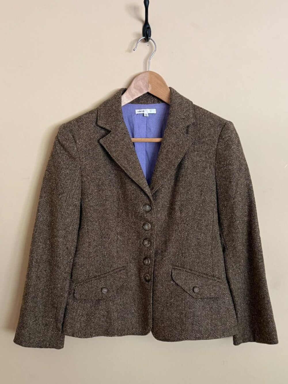 Vince Herringbone Wool Silk Blazer Jacket Brown Size 6